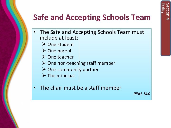  • The Safe and Accepting Schools Team must include at least: Ø One