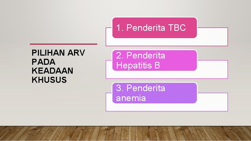 1. Penderita TBC PILIHAN ARV PADA KEADAAN KHUSUS 2. Penderita Hepatitis B 3. Penderita