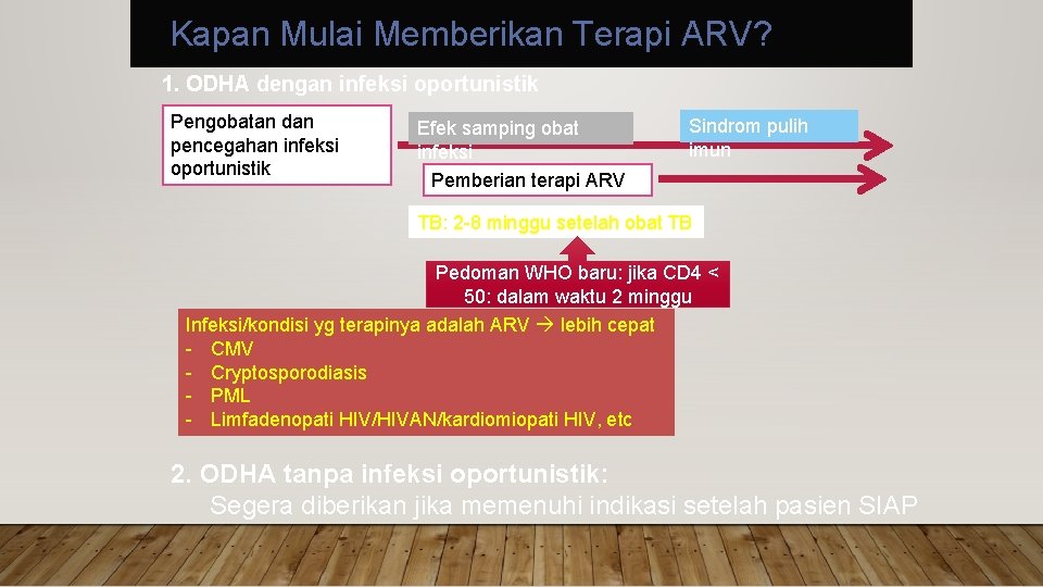 Kapan Mulai Memberikan Terapi ARV? 1. ODHA dengan infeksi oportunistik Pengobatan dan pencegahan infeksi