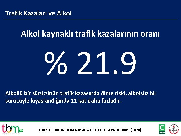 Trafik Kazaları ve Alkol kaynaklı trafik kazalarının oranı % 21. 9 Alkollü bir sürücünün