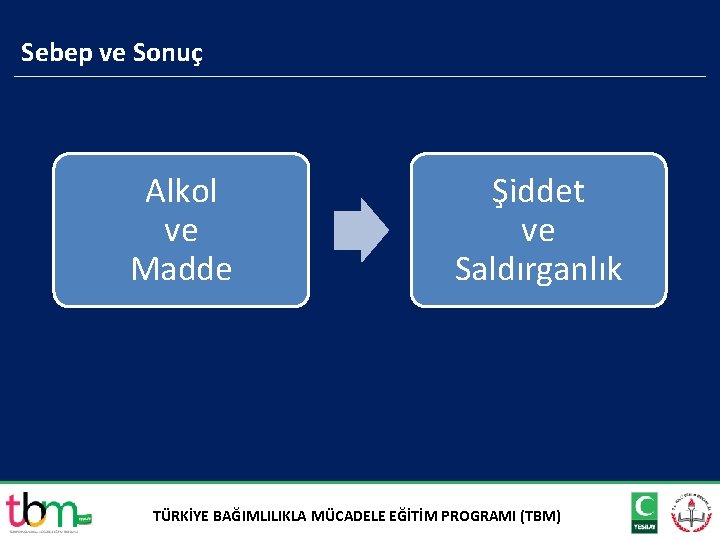 Sebep ve Sonuç Alkol ve Madde Şiddet ve Saldırganlık TÜRKİYE BAĞIMLILIKLA MÜCADELE EĞİTİM PROGRAMI