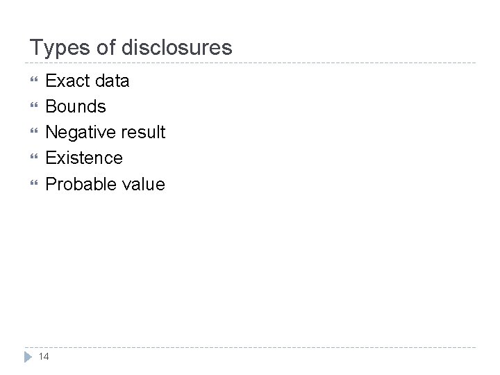 Types of disclosures Exact data Bounds Negative result Existence Probable value 14 