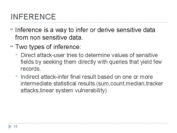 INFERENCE Inference is a way to infer or derive sensitive data from non sensitive INFERENCE Inference is a way to infer or derive sensitive data from non sensitive