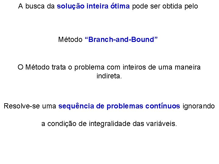 A busca da solução inteira ótima pode ser obtida pelo Método “Branch-and-Bound” O Método