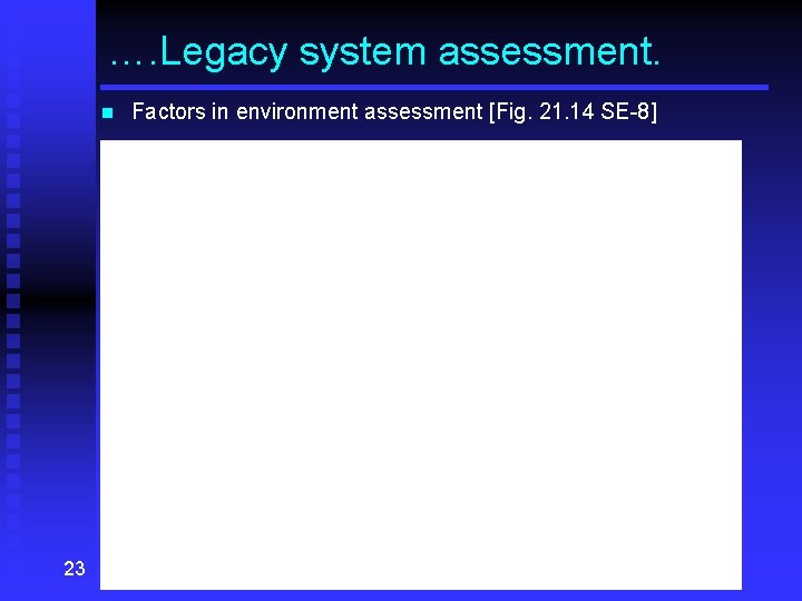 …. Legacy system assessment. n 23 Factors in environment assessment [Fig. 21. 14 SE-8]