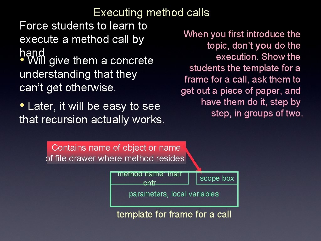 Executing method calls Force students to learn to When you first introduce the execute