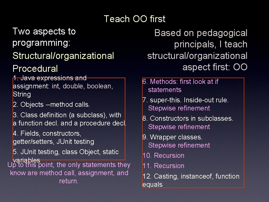 Teach OO first Two aspects to Based on pedagogical programming: principals, I teach Structural/organizational