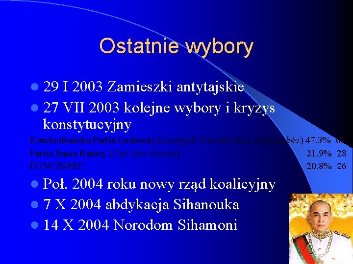 Ostatnie wybory l 29 I 2003 Zamieszki antytajskie l 27 VII 2003 kolejne wybory