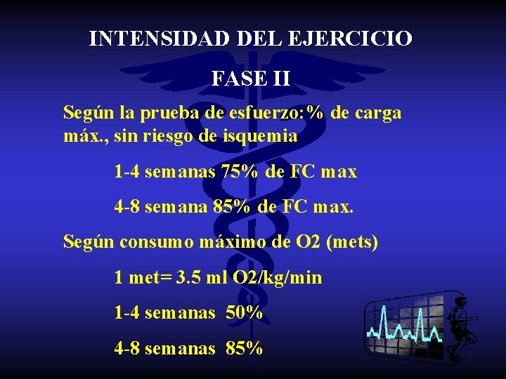 INTENSIDAD DEL EJERCICIO FASE II Según la prueba de esfuerzo: % de carga máx.
