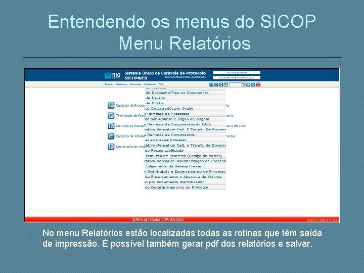Entendendo os menus do SICOP Menu Relatórios No menu Relatórios estão localizadas todas as