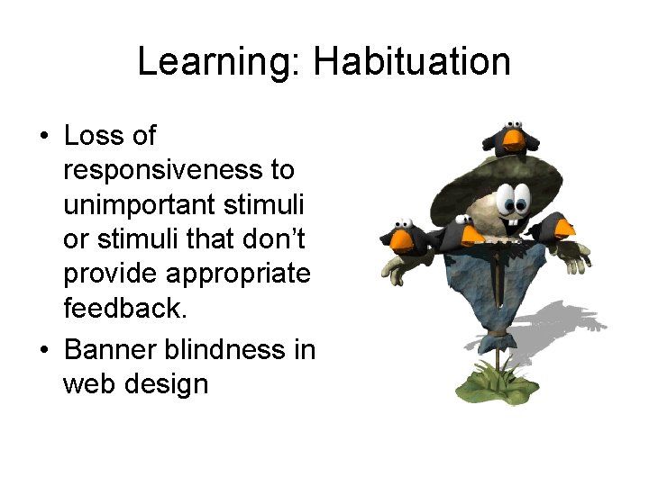 Learning: Habituation • Loss of responsiveness to unimportant stimuli or stimuli that don’t provide