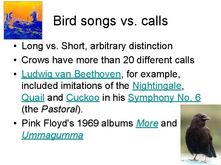 Bird songs vs. calls • Long vs. Short, arbitrary distinction • Crows have more