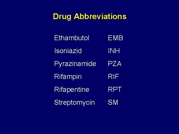Drug Abbreviations Ethambutol EMB Isoniazid INH Pyrazinamide PZA Rifampin RIF Rifapentine RPT Streptomycin SM