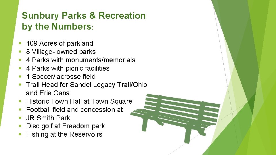 Sunbury Parks & Recreation by the Numbers: § § § 109 Acres of parkland