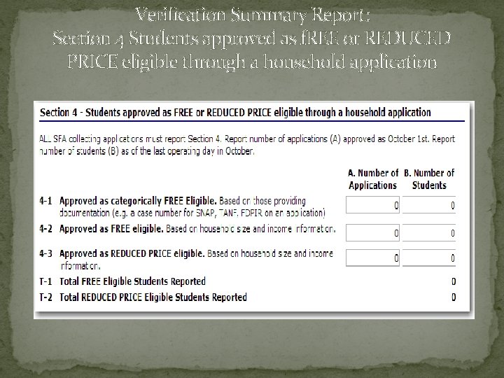 Verification Summary Report: Section 4 Students approved as f. REE or REDUCED PRICE eligible