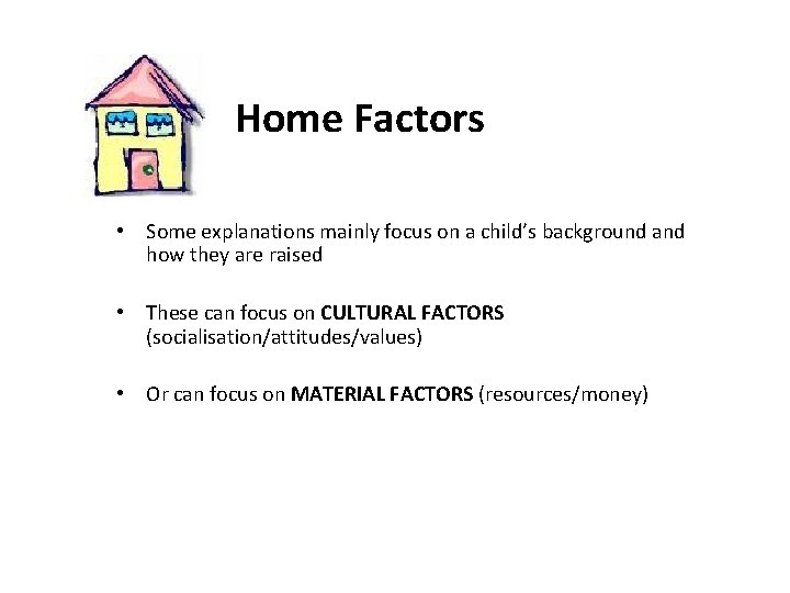 Home Factors • Some explanations mainly focus on a child’s background and how they