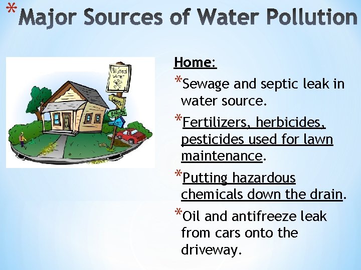 * Home: *Sewage and septic leak in water source. *Fertilizers, herbicides, pesticides used for