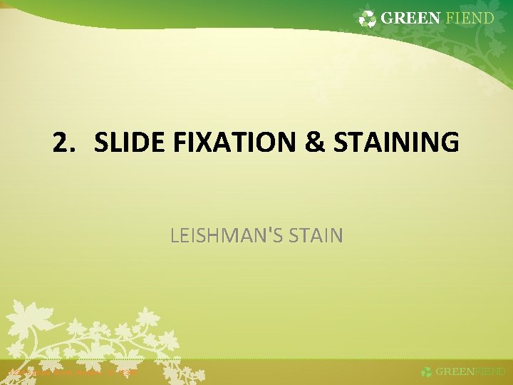 GREEN FIEND 2. SLIDE FIXATION & STAINING LEISHMAN'S STAIN 1234 Sample Street, Anytown, St.