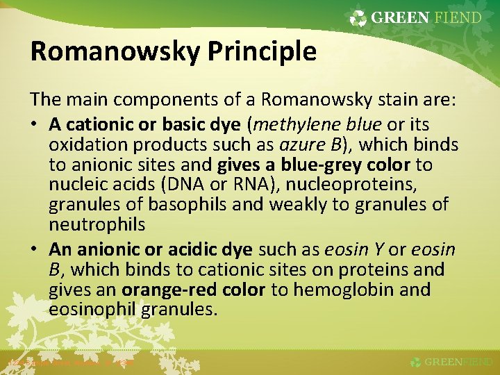 GREEN FIEND Romanowsky Principle The main components of a Romanowsky stain are: • A