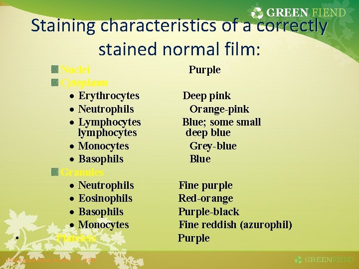 GREEN FIEND Staining characteristics of a correctly stained normal film: Nuclei Purple Cytoplasm Erythrocytes