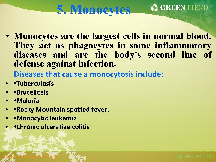 5. Monocytes GREEN FIEND • Monocytes are the largest cells in normal blood. They