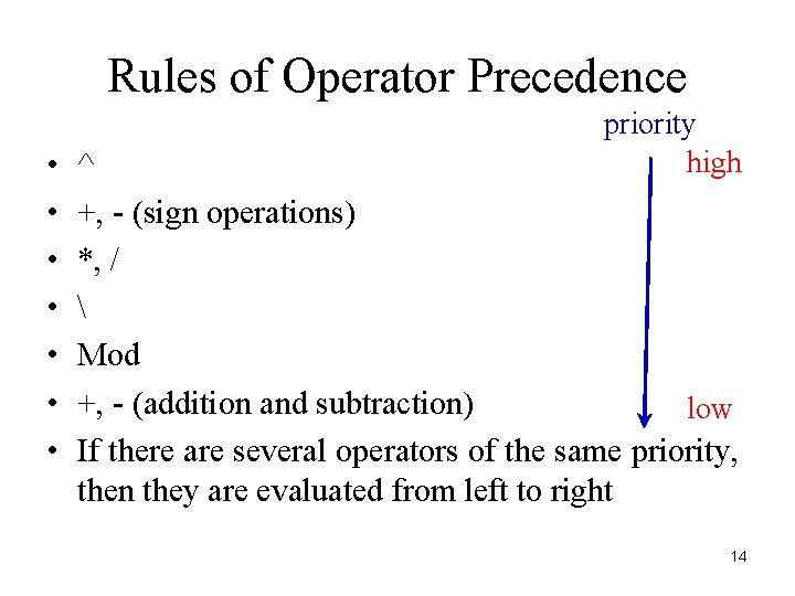 Rules of Operator Precedence • • priority high ^ +, - (sign operations) *,