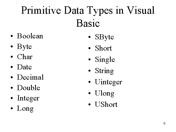 Primitive Data Types in Visual Basic • • Boolean Byte Char Date Decimal Double