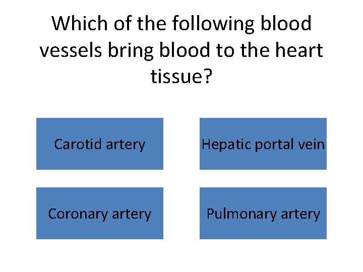 Which of the following blood vessels bring blood to the heart tissue? Carotid artery