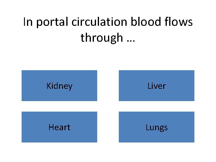 In portal circulation blood flows through … Kidney Liver Heart Lungs 