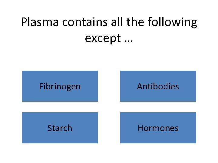 Plasma contains all the following except … Fibrinogen Antibodies Starch Hormones 