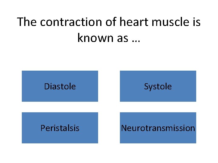 The contraction of heart muscle is known as … Diastole Systole Peristalsis Neurotransmission 