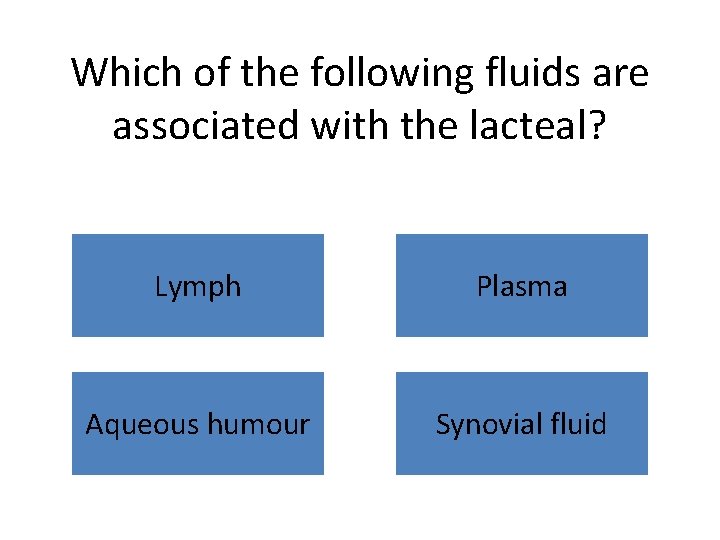 Which of the following fluids are associated with the lacteal? Lymph Plasma Aqueous humour
