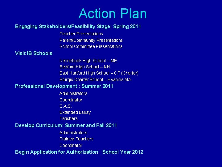 Action Plan Engaging Stakeholders/Feasibility Stage: Spring 2011 Teacher Presentations Parent/Community Presentations School Committee Presentations