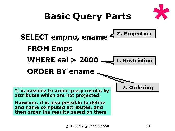 Basic Query Parts SELECT empno, ename 2. Projection FROM Emps WHERE sal > 2000