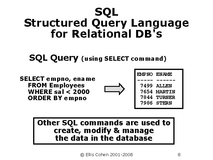 SQL Structured Query Language for Relational DB's SQL Query (using SELECT command) SELECT empno,