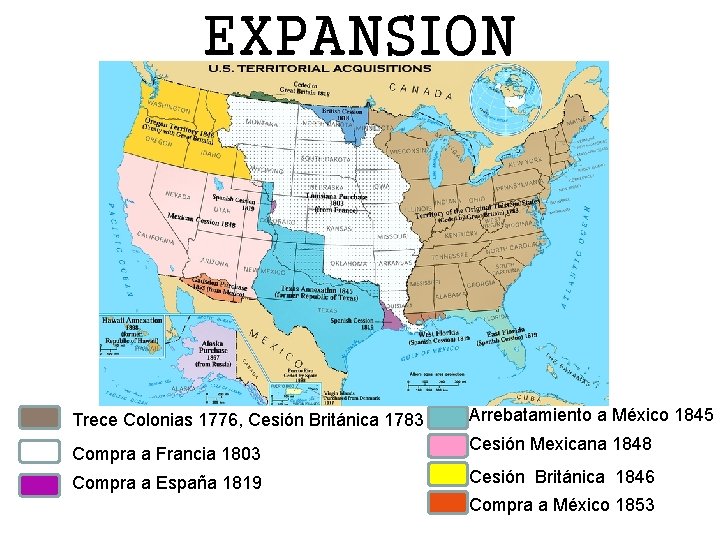 EXPANSION Trece Colonias 1776, Cesión Británica 1783 Compra a Francia 1803 Compra a España