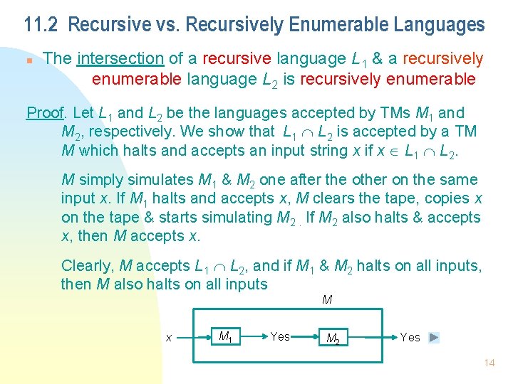 11. 2 Recursive vs. Recursively Enumerable Languages n The intersection of a recursive language