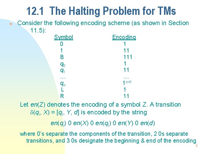 12. 1 The Halting Problem for TMs n Consider the following encoding scheme (as