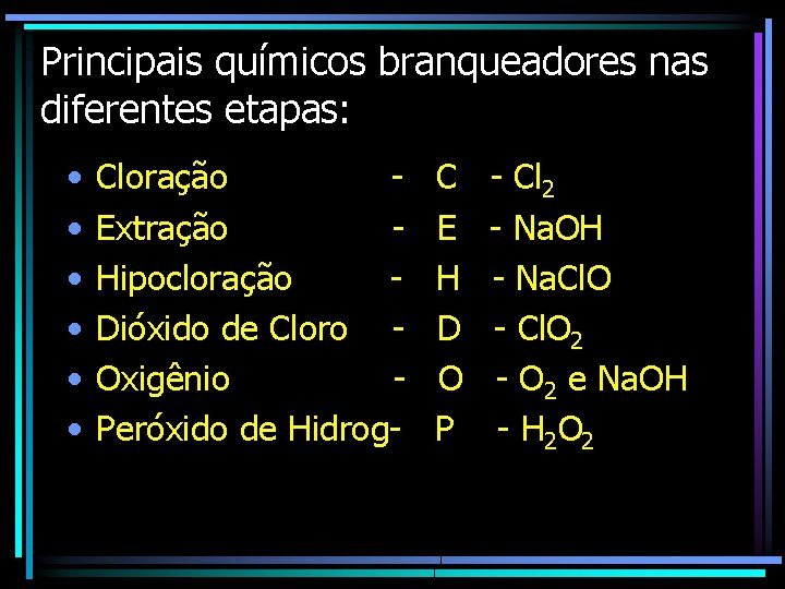 Principais químicos branqueadores nas diferentes etapas: • • • Cloração Extração Hipocloração Dióxido de