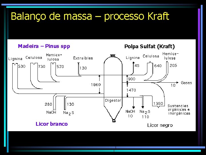 Balanço de massa – processo Kraft Madeira – Pinus spp Licor branco Polpa Sulfat