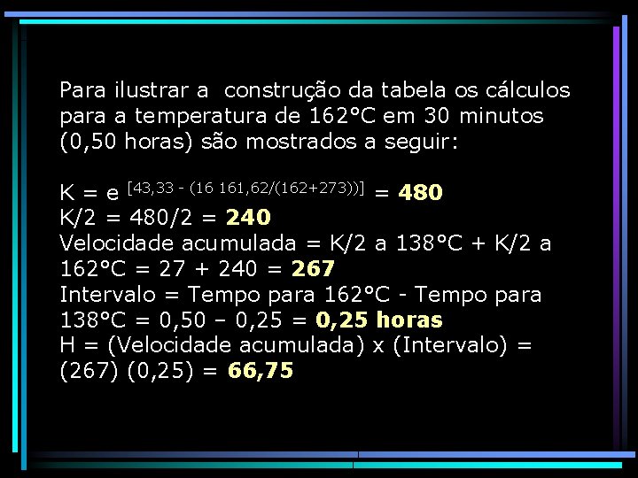 Para ilustrar a construção da tabela os cálculos para a temperatura de 162°C em