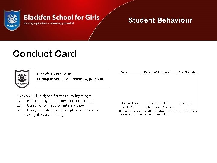 Student Behaviour Conduct Card 
