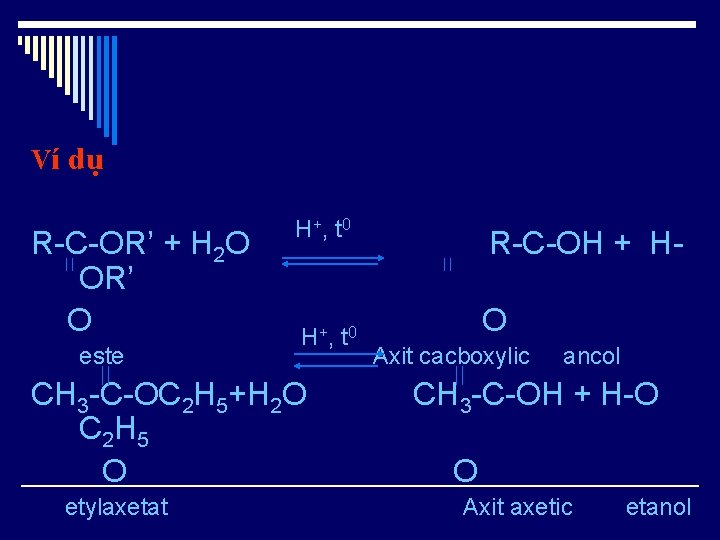 Ví dụ R-C-OR’ + H 2 O OR’ O este H+ , t 0