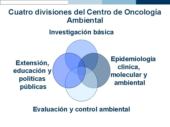 Cuatro divisiones del Centro de Oncología Ambiental Investigación básica Extensión, educación y políticas públicas