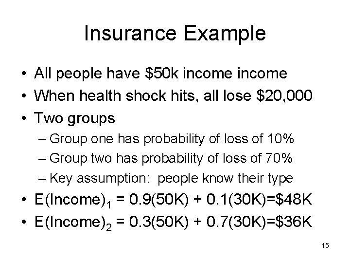 Insurance Example • All people have $50 k income • When health shock hits,