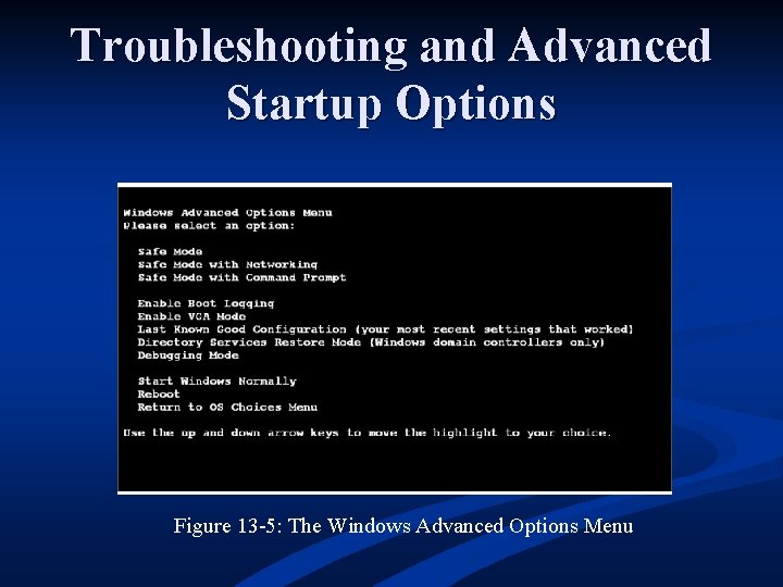 Troubleshooting and Advanced Startup Options Figure 13 -5: The Windows Advanced Options Menu 