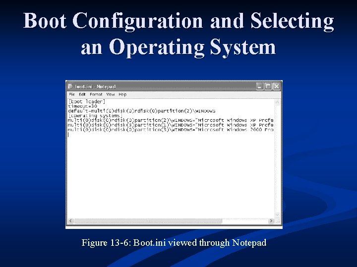 Boot Configuration and Selecting an Operating System Figure 13 -6: Boot. ini viewed through
