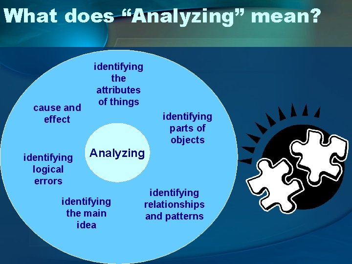 What does “Analyzing” mean? cause and effect identifying logical errors identifying the attributes of