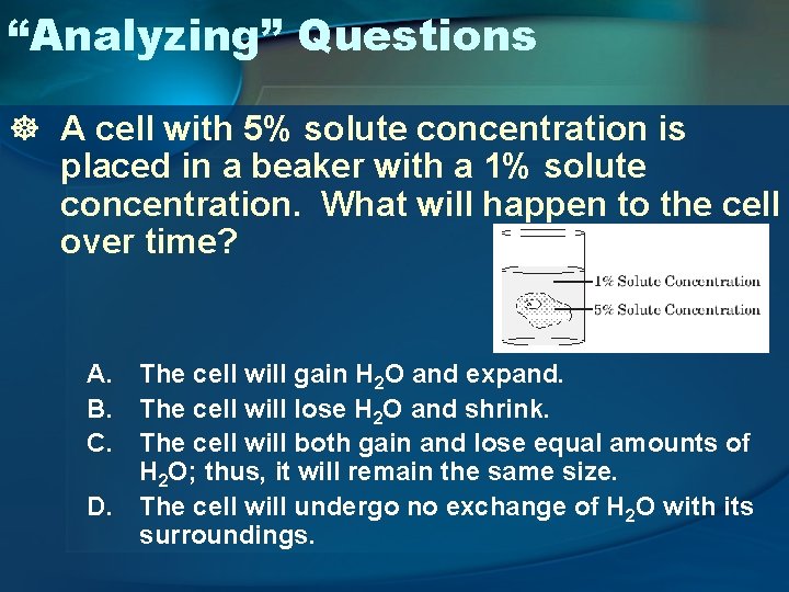 “Analyzing” Questions ] A cell with 5% solute concentration is placed in a beaker