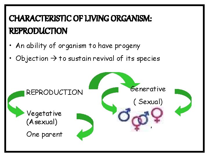 CHARACTERISTIC OF LIVING ORGANISM: REPRODUCTION • An ability of organism to have progeny •